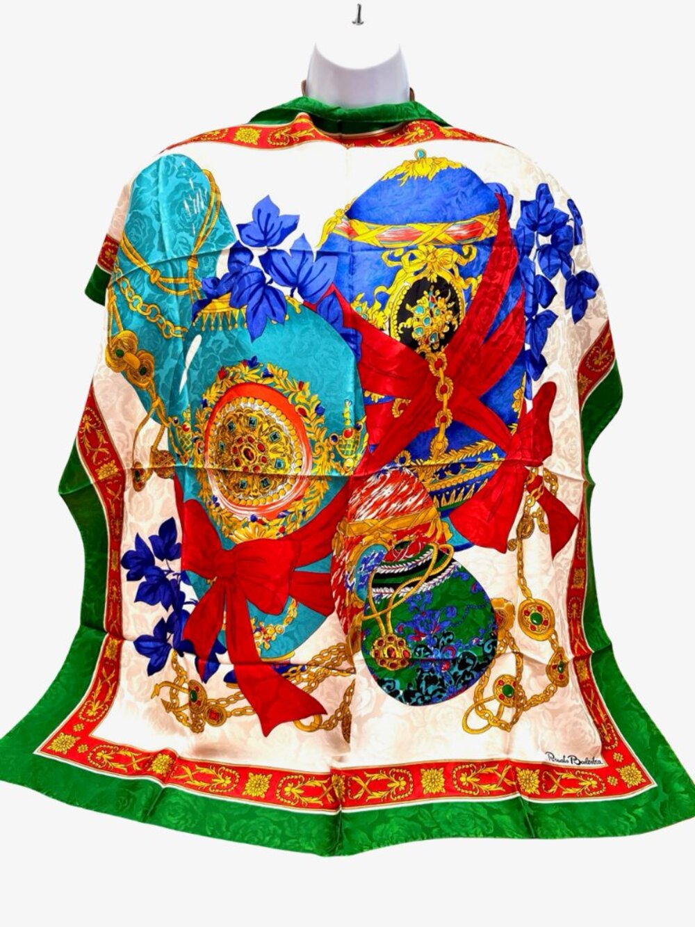 New W/Box Italy Made Renato Balestra 100% Silk Scarf 34" Green Ivery Red (66) - Picture 4 of 15